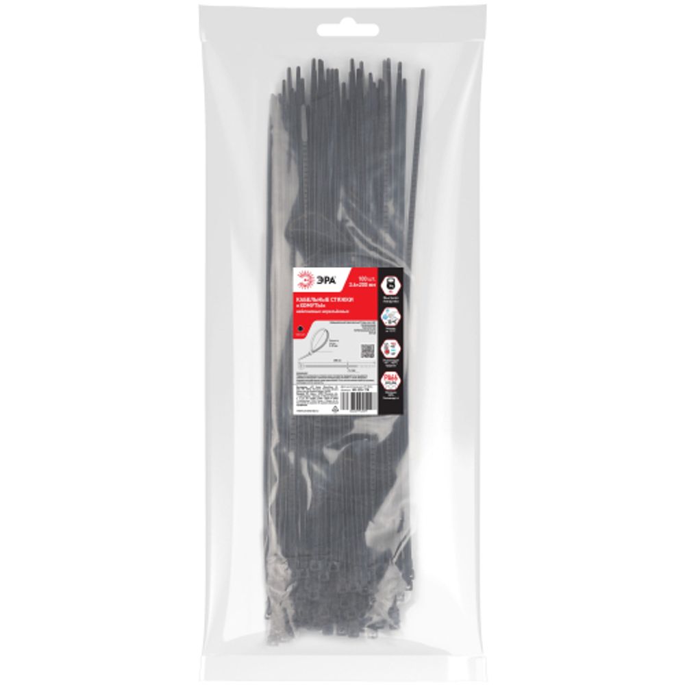 Кабельная стяжка ЭРА NO-225-178 (хомут) нейлоновая 3.6 х 200 мм чёрная (100 шт/уп) | Кабельные стяжки (хомуты)