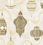 Крупнораппортный дизайн с восточными фонариками, выполненный с нансением чернил с блестками и металл