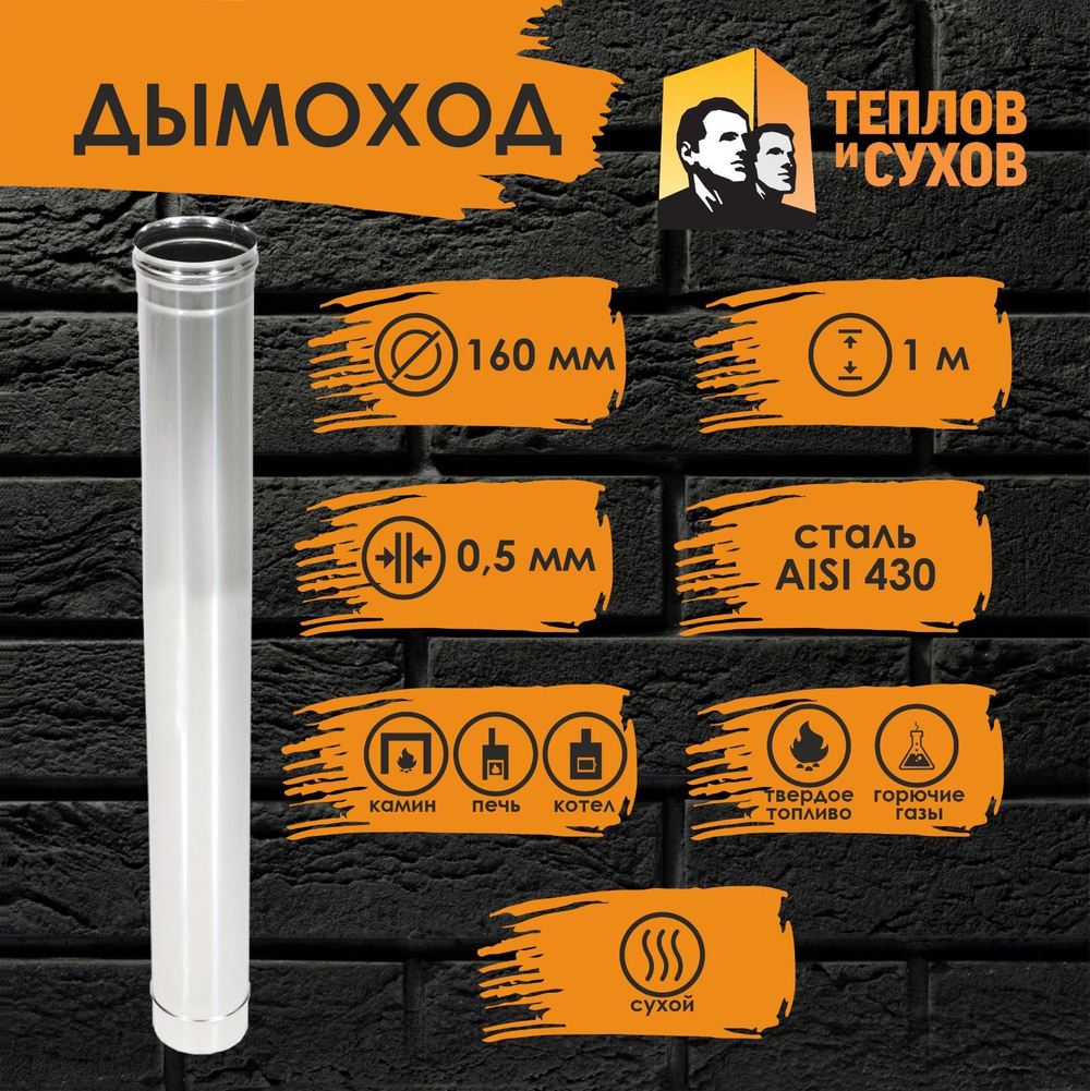Труба одностенная нержавейка для дымохода 1 м (430/ 0,5) Ф160 Теплов и Сухов