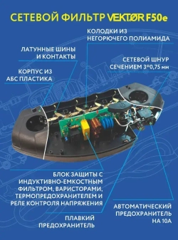 Сетевой фильтр с реле контроля напряжения сети, защита от 380В VEKTOR F50e 1,8м черный