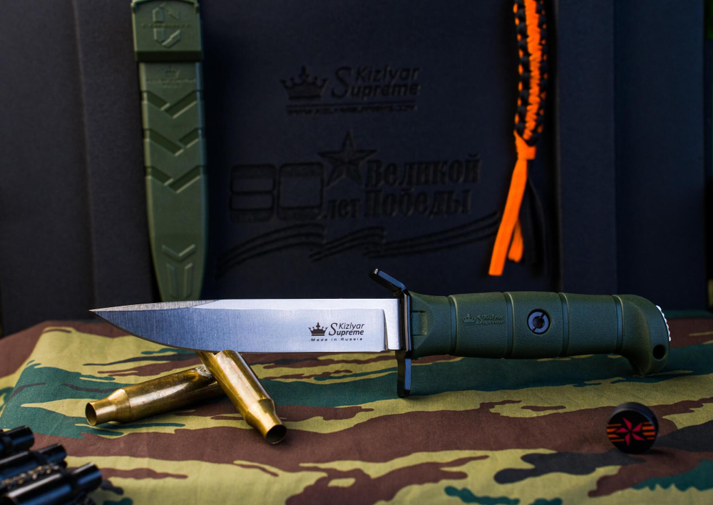 Нож Kizlyar Supreme COMBAT AUS-10Co (Cryo) SW OKH PS (StoneWash, Oliva Kraton Handle, Polyamid Sheath)