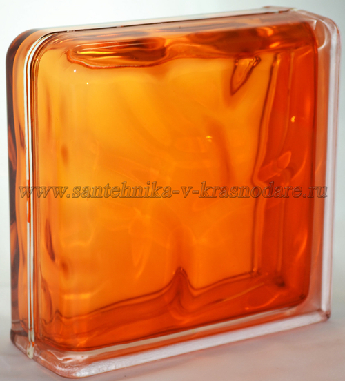 Завершающий стеклоблок оранжевый волна окрашенный изнутри Vitrablok   19x19x8