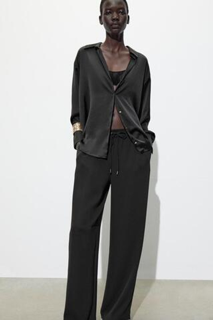 ZARA СВОБОДНЫЕ БРЮКИ В ПИЖАМНОМ СТИЛЕ, ЧЕРНЫЙ