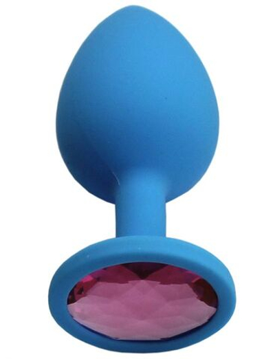 Голубая анальная пробка с розовым кристаллом - 8,4 см. (Цвет: розовый)