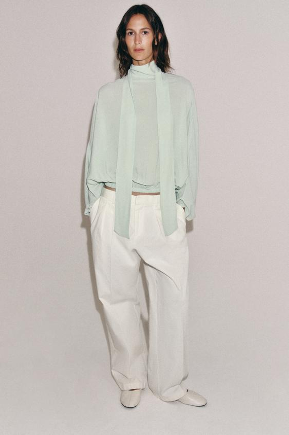 ZARA РУБАШКА С ЗАВЯЗКАМИ ZW COLLECTION, ЦВЕТ МОРСКОЙ ВОЛНЫ