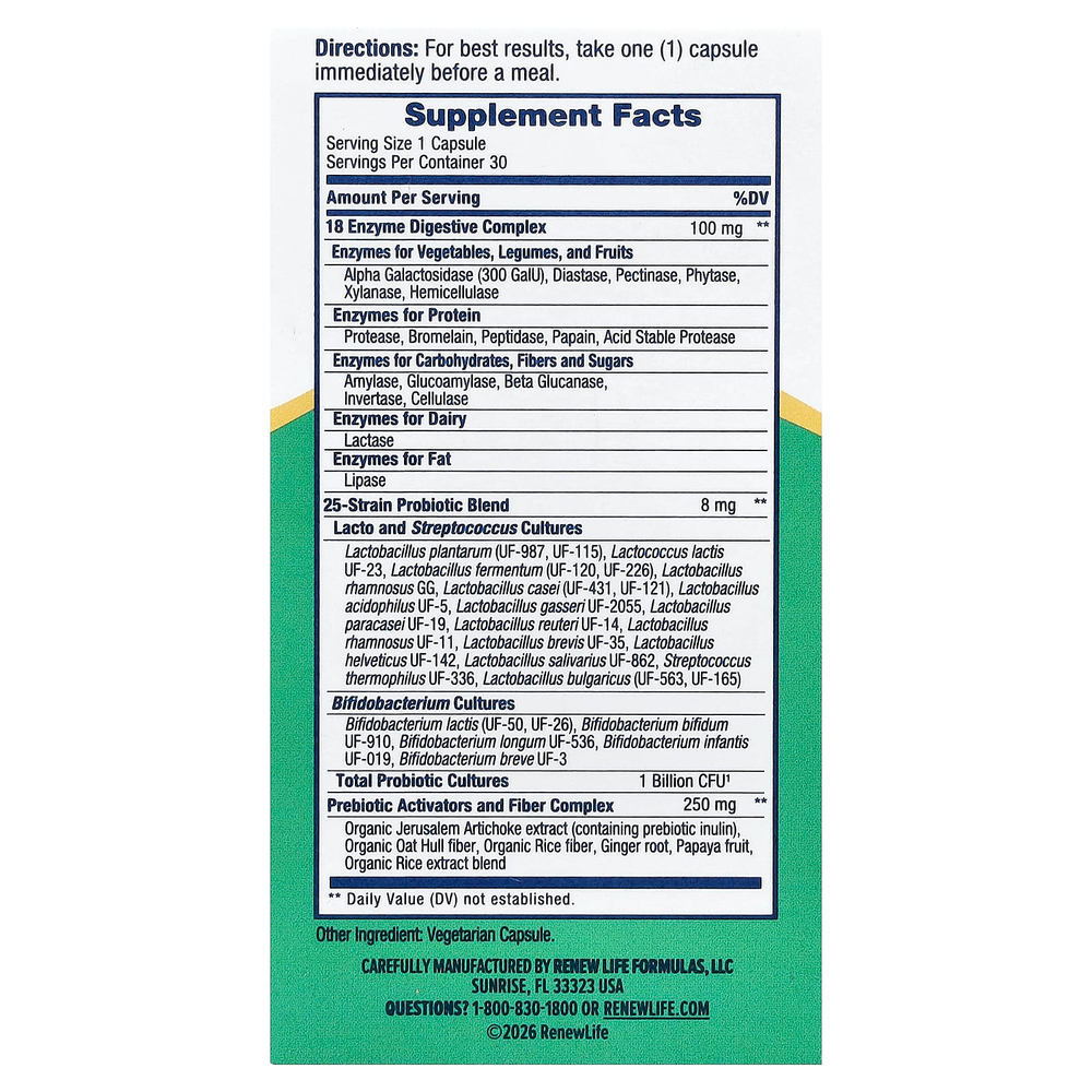 Renew Life, Digestive Duo Probiotic + Enzymes, 30 вегетарианских капсул
