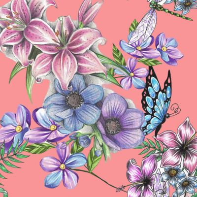 Цветы с бабочкой и стрекозой на розовом
