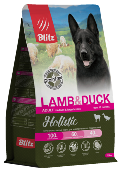 Сухой корм для собак Blitz Holistic Lamb & Duck Adult Dog Medium & Large breeds беззерновой с ягненком и уткой для средних и крупных пород гипоаллергенный для чувствительного пищеварения, 12кг