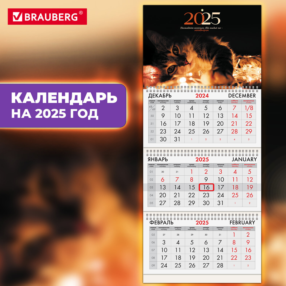 Календарь квартальный на 2025 г. 3 блока 3 гребня с бегунком офсет BRAUBERG "Милый котик" (4 штуки в упаковке)