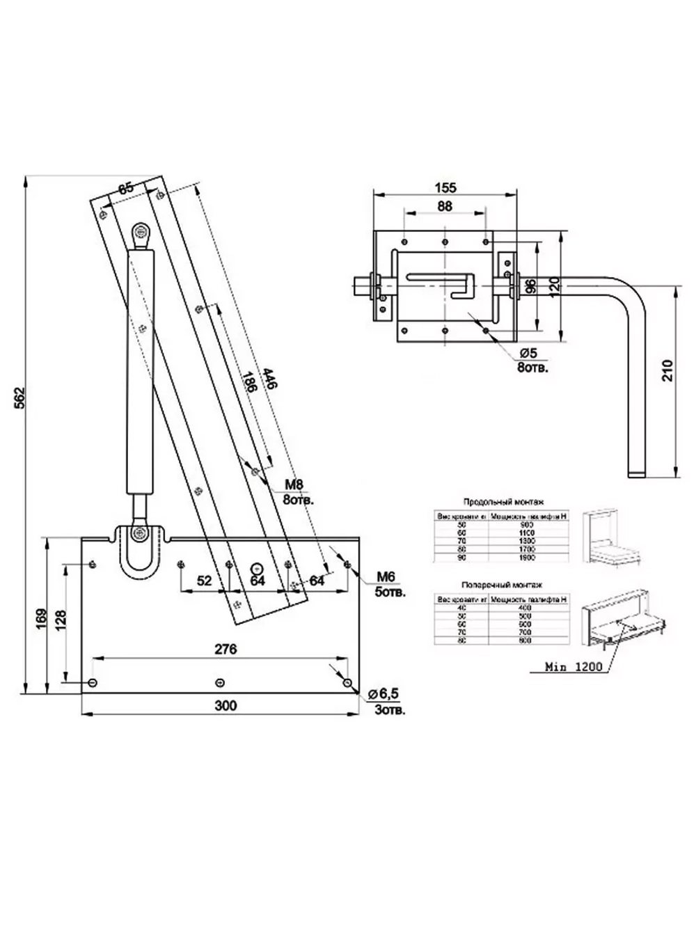 Механизм шкаф-кровать с опорными ногами и 2 газлифтами 1900N