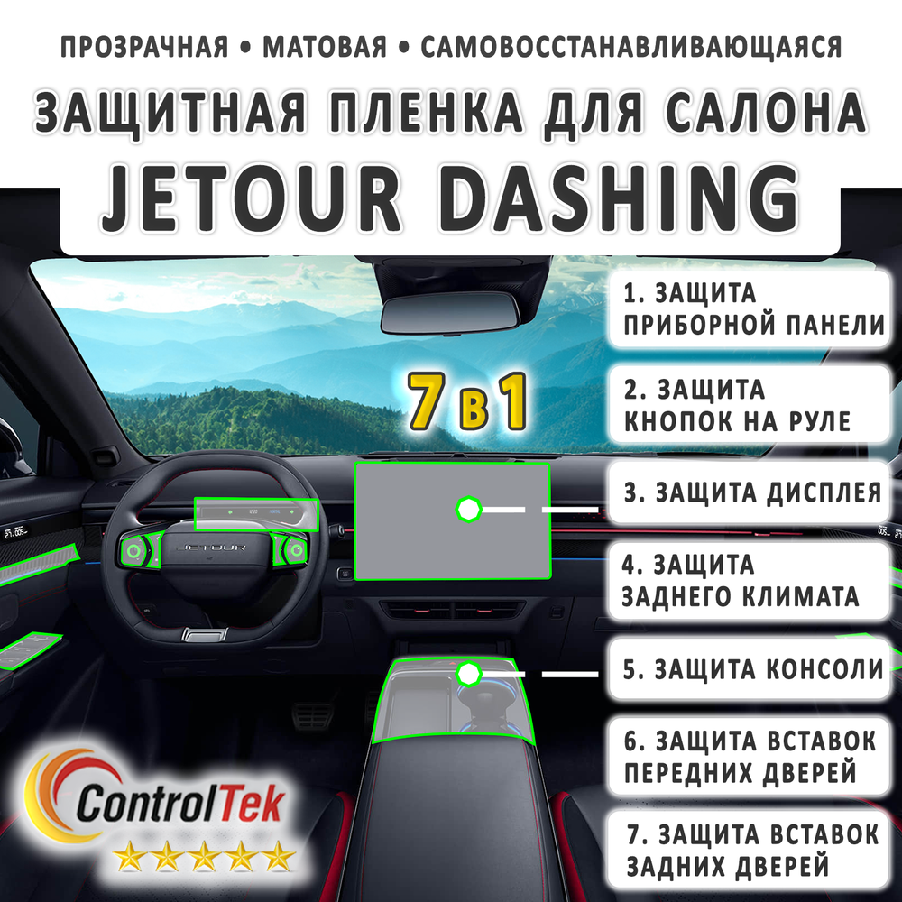 Jetour Dashing (2023) - комплект защитных матовых пленок 7 в 1. Пленка защитная ControlTek HYBRID со слоем TOP COAT. Толщина: 6 mil. (175 мкм.)