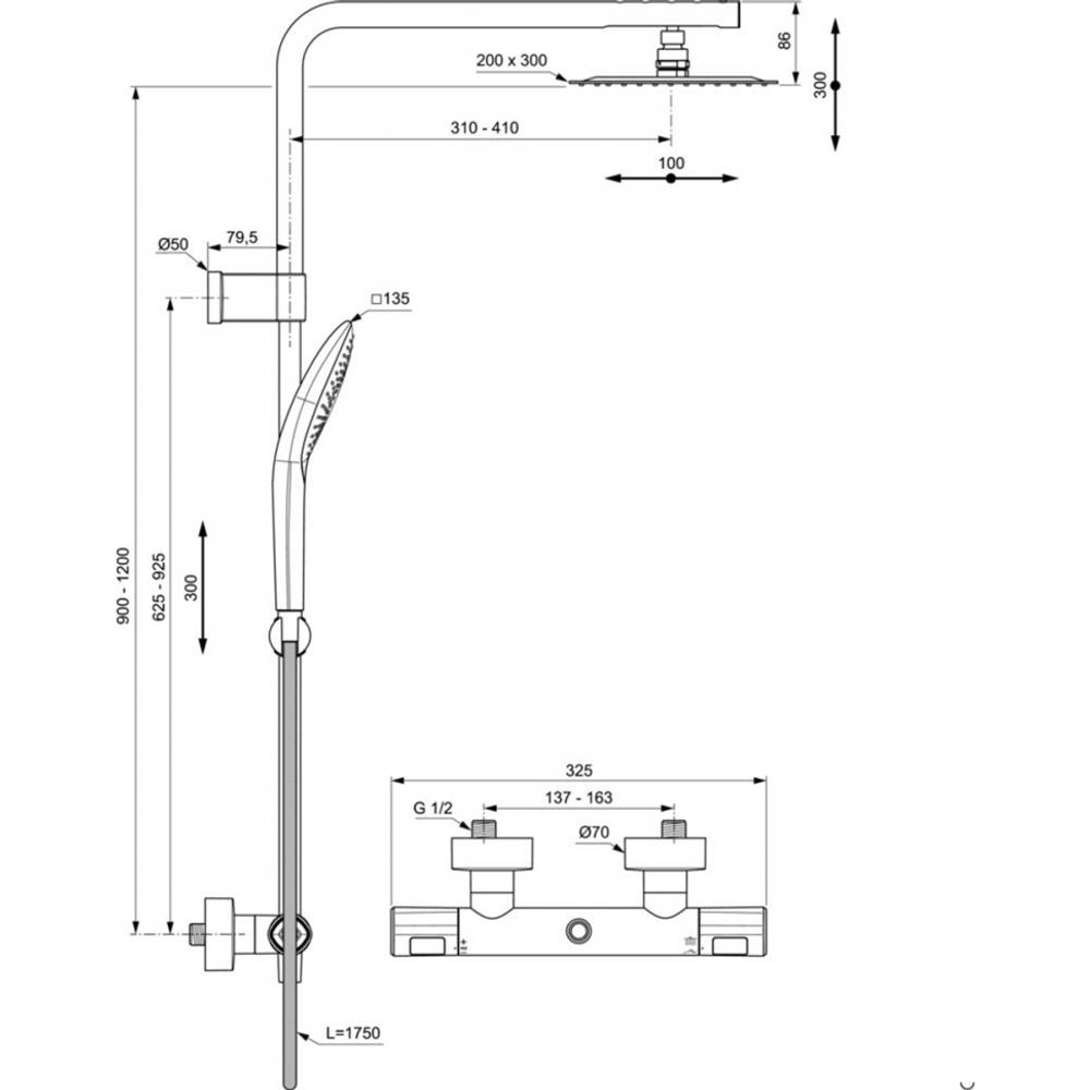 Душевая система с термостатическим смесителем для душа Ideal Standard CERATHERM T100 A7705AA