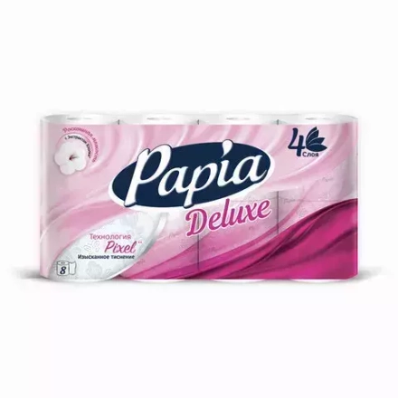 Бумага туалетная бытовая, спайка 8 шт., 4-слойная (8х16 м), PAPIA DELUXE, белая,