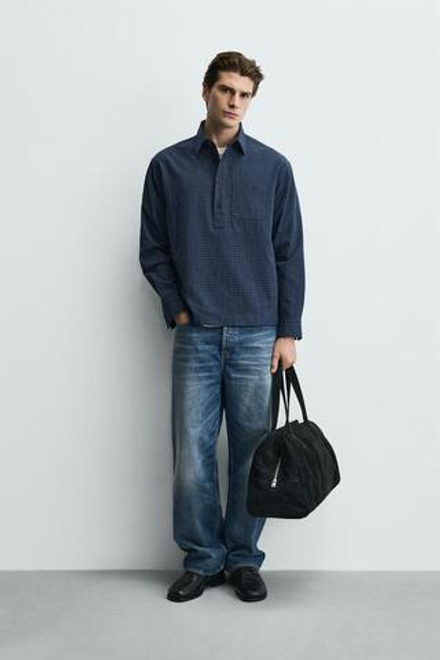 ZARA РУБАШКА-ПОЛО REGULAR FIT В КЛЕТКУ, СИНИЙ