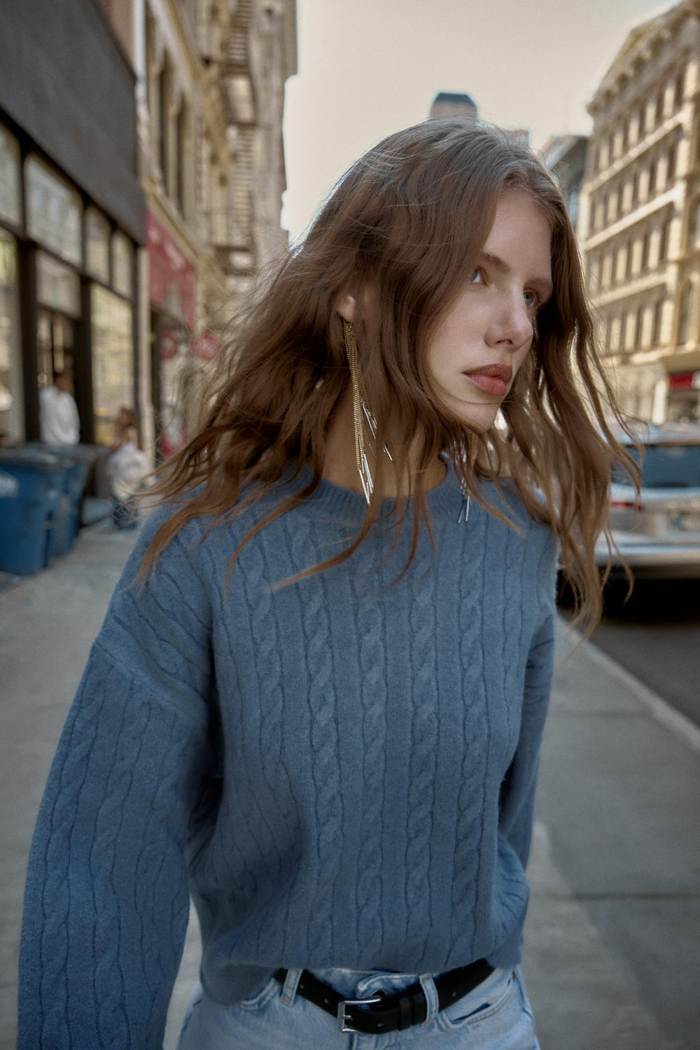 ZARA ДЖЕМПЕР ВЯЗКА КОСИЧКОЙ, СИНИЙ