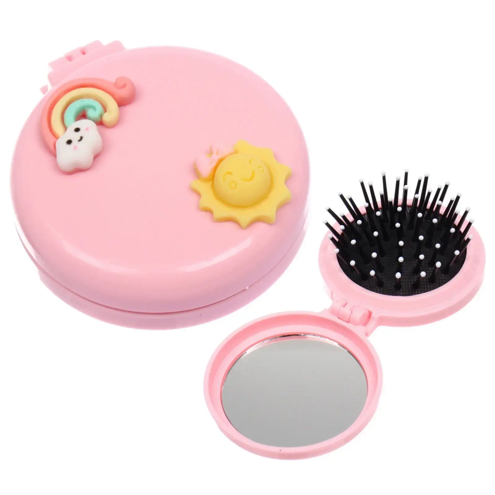 Расчёска массажная складная с зеркалом «БАМБИ БУМ», цвет розовый, d-6.5см (пакет с подвесом)