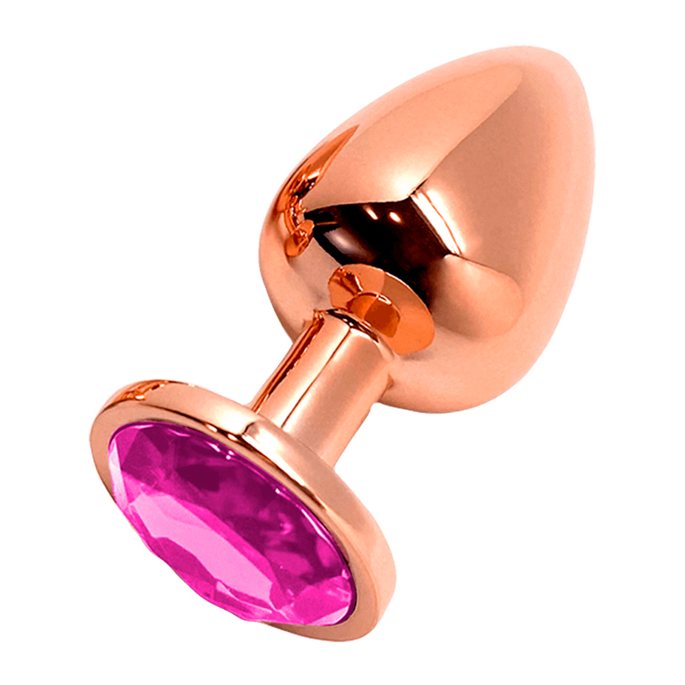 Золотистая анальная пробка 8см с розовым кристаллом Cnex Wooomy Tralalo Rose Gold Metal Plug Medium Magenta