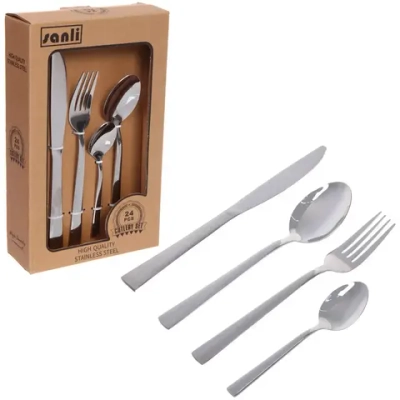 Набор столовых приборов «SANLI» 24шт (6ножей, 6вилок, 6ст.ложек, 6ч.ложек),прямая ручка,цвет серебро