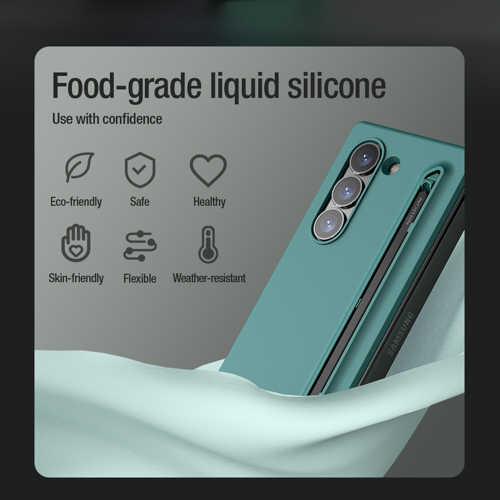 Чехол покрытый жидким силиконом зеленого цвета (Light Green) от Nillkin для Samsung Galaxy Z Fold 6 5G, серия Flex Pure Fold Case (в комплекте съемное перо S Pen)