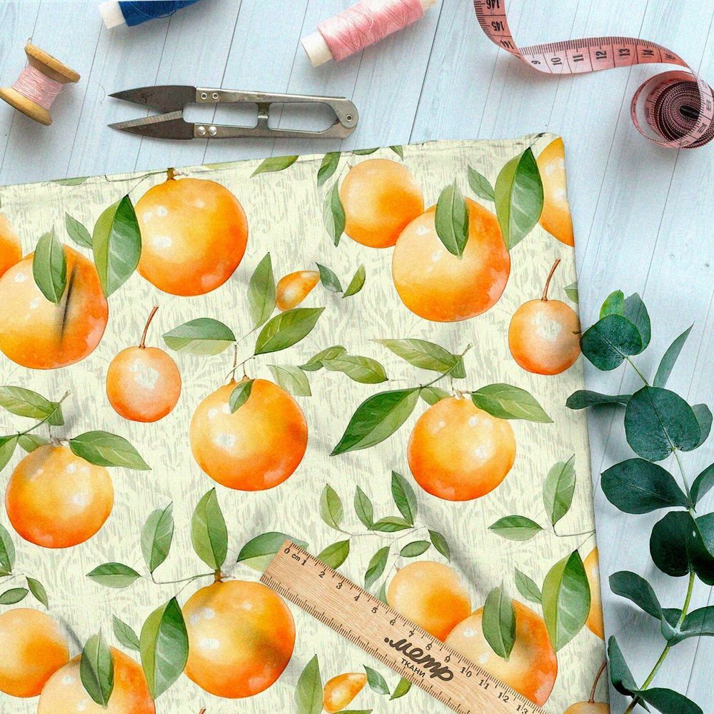 Ткань премиум габардин акварельные апельсины