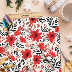 Ткань премиум атлас яркие красные цветы