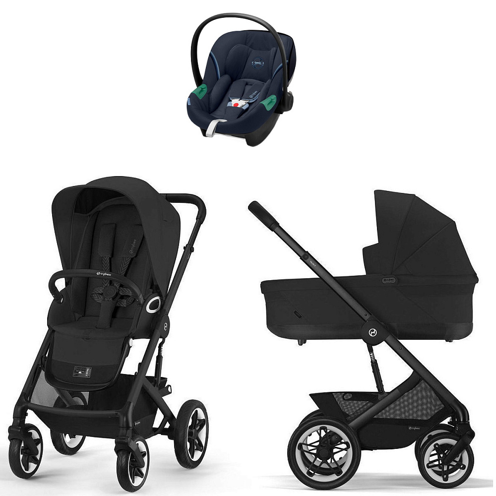 Коляска Cybex Talos S Lux BLK complete Aton S2 Ocean Blue Base One 4 в 1 Moon Black с дождевиками