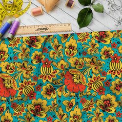 Ткань кулирная гладь хохлома из маков и кактусов на бирюзовом фоне