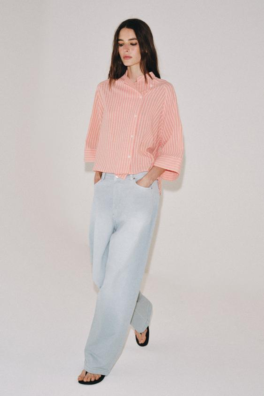 ZARA РУБАШКА В ПОЛОСКУ АСИММЕТРИЧНОГО КРОЯ ZW COLLECTION, ЛОСОСЕВЫЙ