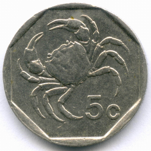 5 центов 1991 год. Мальта. Краб. Медно-никель, диаметр 20 мм. VF-XF