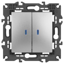 14-1105-03 ЭРА Выключатель двойной с подсветкой, 10АХ-250В, IP20, Эра Elegance, алюминий