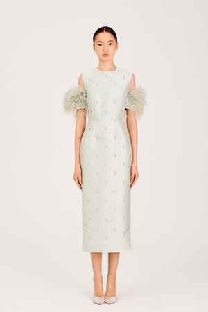 Платье Abcent (Абсент)  с перьями на рукавах, с выш., фисташковый