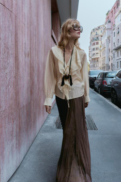 ZARA ЮБКА С КРУЖЕВНЫМИ КЛИНЬЯМИ ГОДЕ, ТЕМНО-КОРИЧНЕВЫЙ