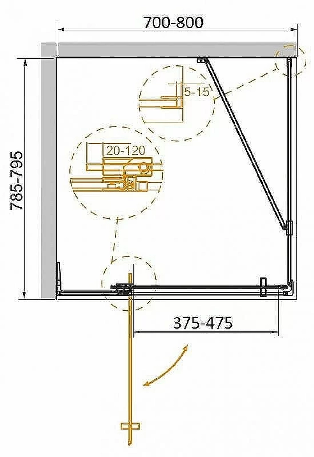 Душевой уголок Cezares Slider 80x80 AH-1-80-70/80-C-BORO стекло прозрачное/профиль золото брашированное