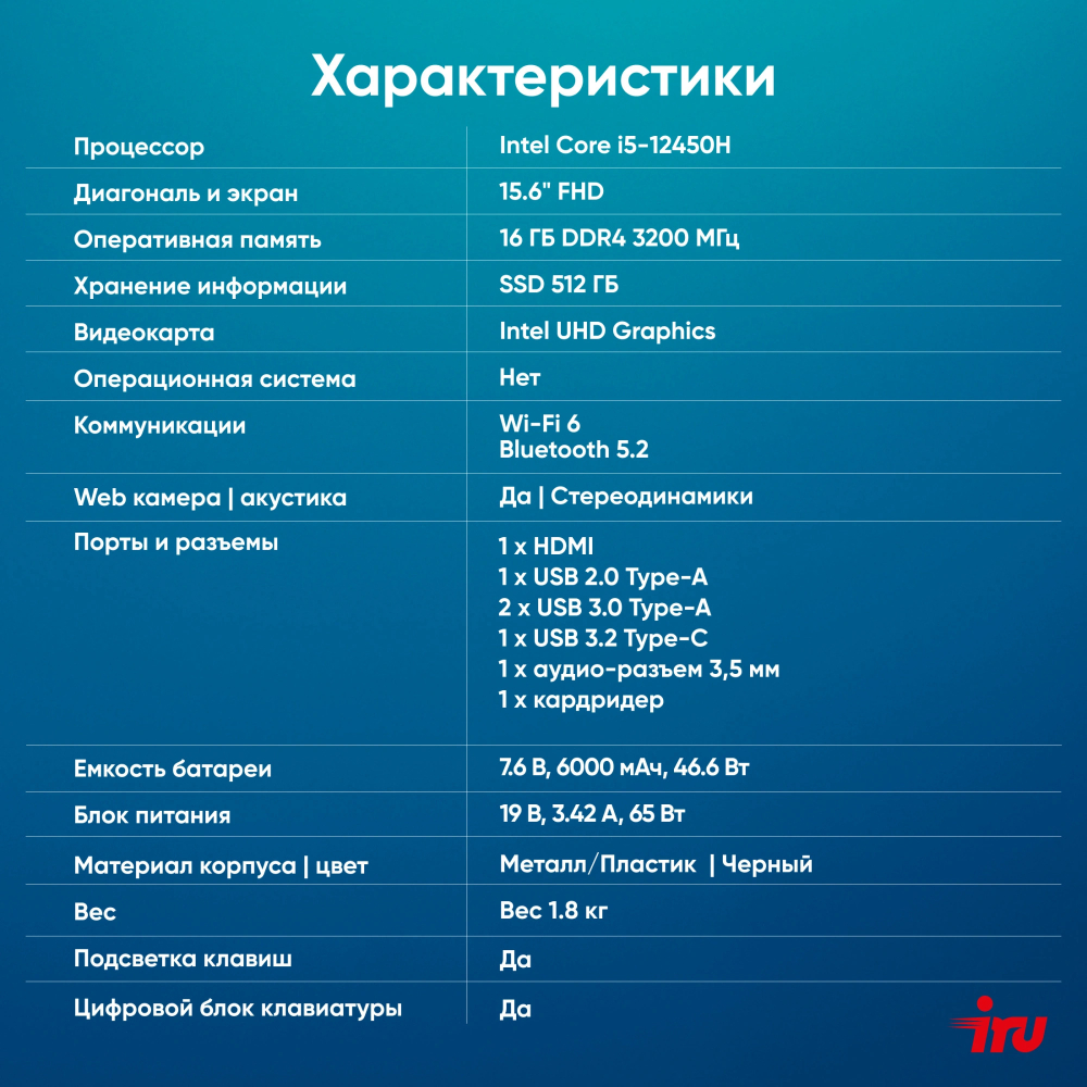 Ноутбук  iRu Strato 15ALI 15.6 ", Core i5, 16 Гб RAM, 512 Гб SSD, UHD Graphics, Черный