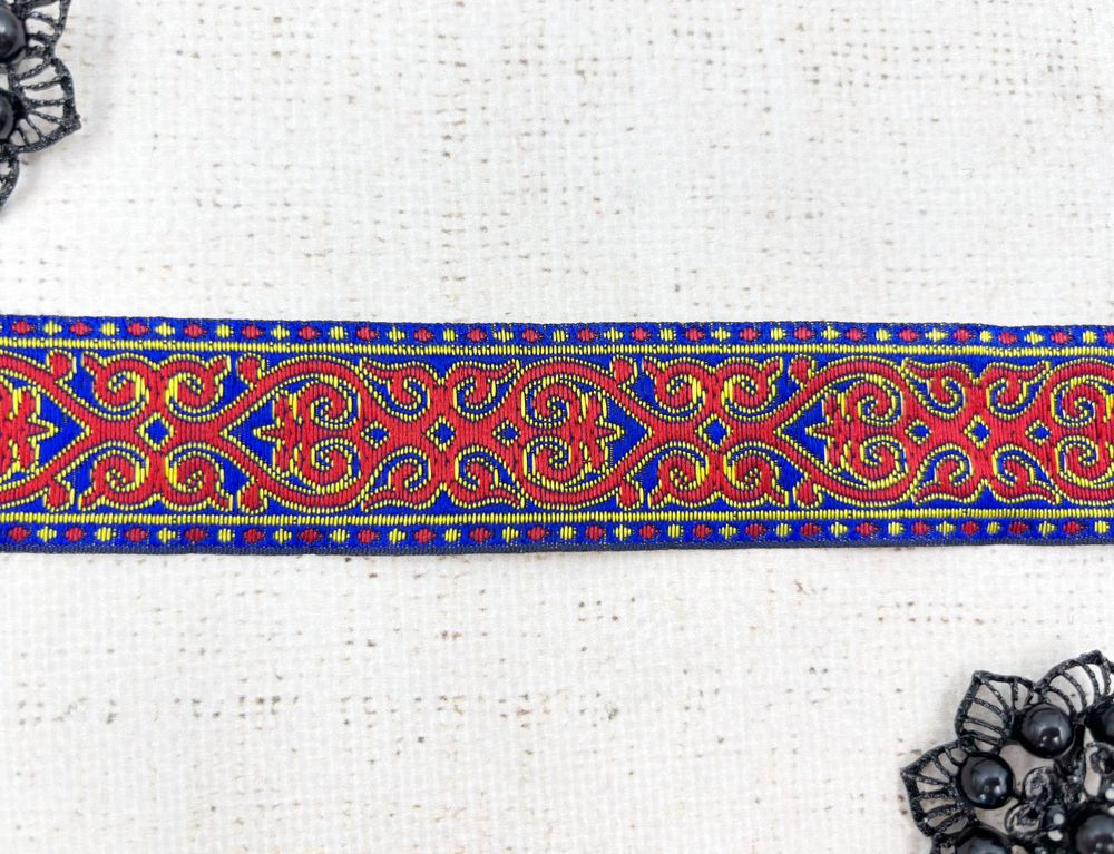 Тесьма жаккард, ш. 3,5 см, электрик с красным