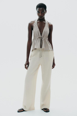 ZARA БРЮКИ ИЗ ТКАНИ С РЕЛЬЕФНЫМ УЗОРОМ, ЦВЕТ СЛОНОВОЙ КОСТИ