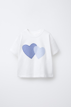 ZARA ФУТБОЛКА С НАШИВКОЙ В КЛЕТКУ ВИШИ, БЕЛЫЙ