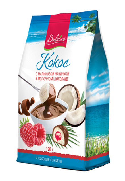 Кокосовая конфета с малиновой начинкой в молочном шоколаде 190 г