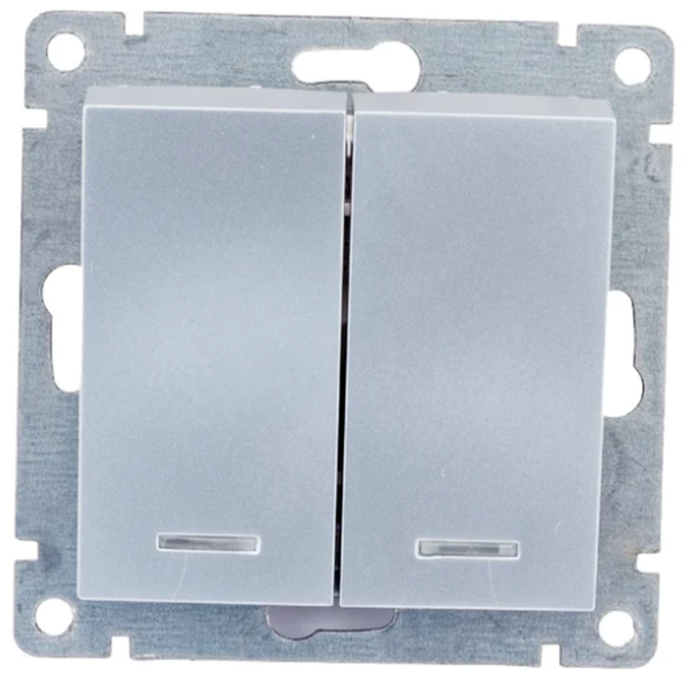 Выключатель двухклавишный с подсветкой UNIVersal серия афина, с/у, 10а, 220в серебро еврослот.