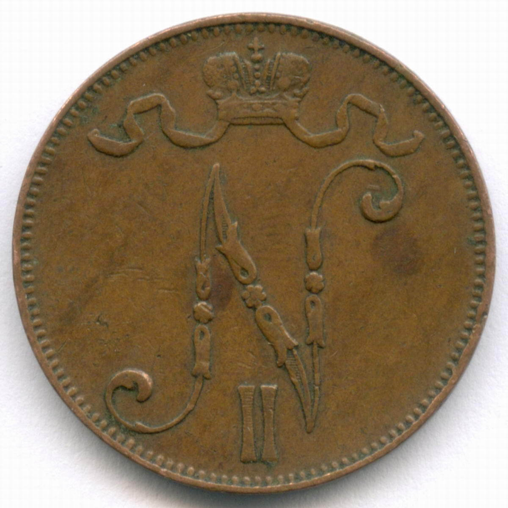 5 пенни 1907 год. Россия для Финляндии (Вензель Николая II). VF-XF