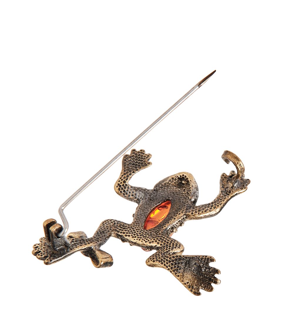 AM- 928 Брошь «Лягушка с бантиком» (латунь, янтарь)