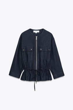 ZARA КУРТКА САФАРИ ИЗ ЛЬНА, МОРСКОЙ СИНИЙ