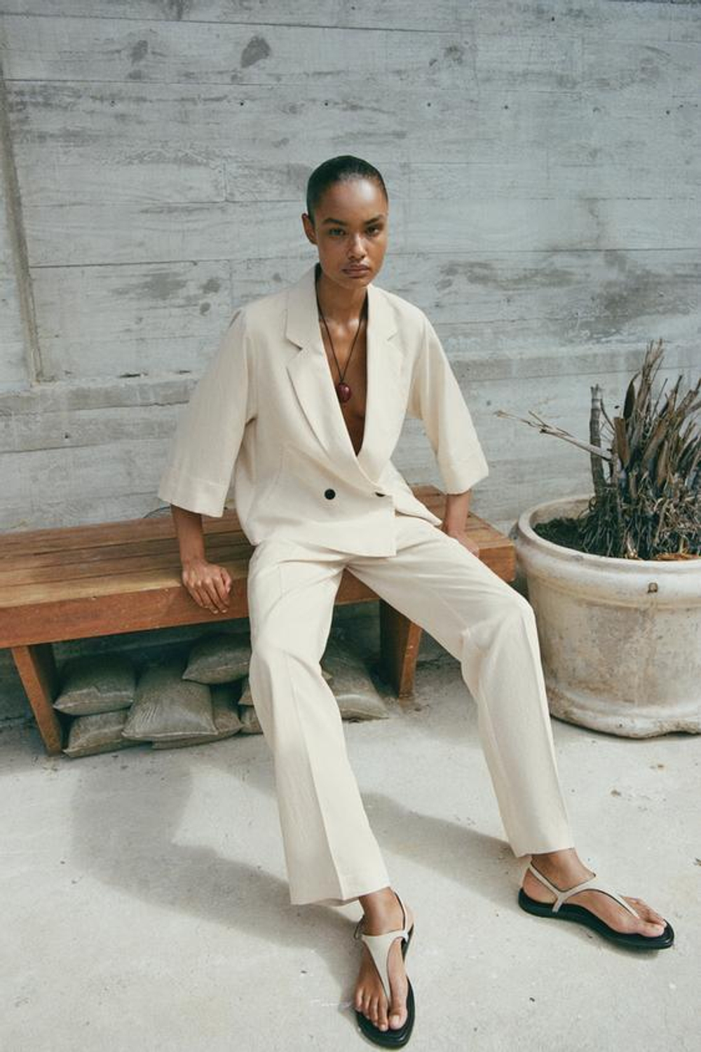 ZARA ПРЯМЫЕ БРЮКИ С ЭЛАСТИЧНЫМ ПОЯСОМ, ЭКРЮ