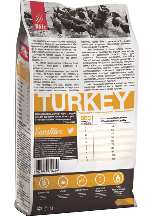 Сухой корм для взрослых кошек Blitz Sensitive Turkey Adult Cat All Breeds с индейкой, 2 кг
