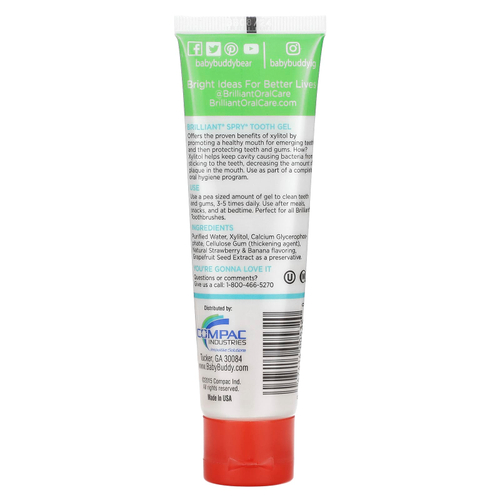 Baby Buddy, Brilliant, Spry, гель для зубов с ксилитолом, для детей от 3 месяцев, клубника и банан, 60 мл (2 жидк. унции)