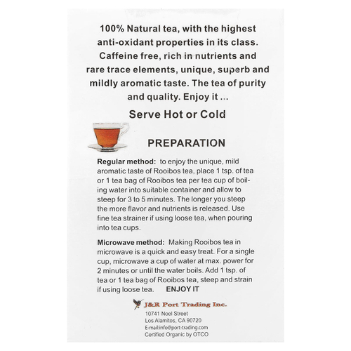 J&R Port Trading, Pure Rooibos Red Tea (Настоящий красный чай ройбуш), без кофеина, 40 чайных пакетиков, 100 г (3,53 унции)