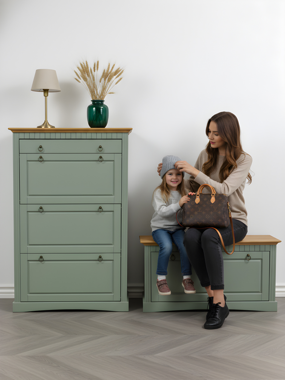 Обувница для прихожей Неаполь, 3 двери с ящиком, деревянная, зеленый