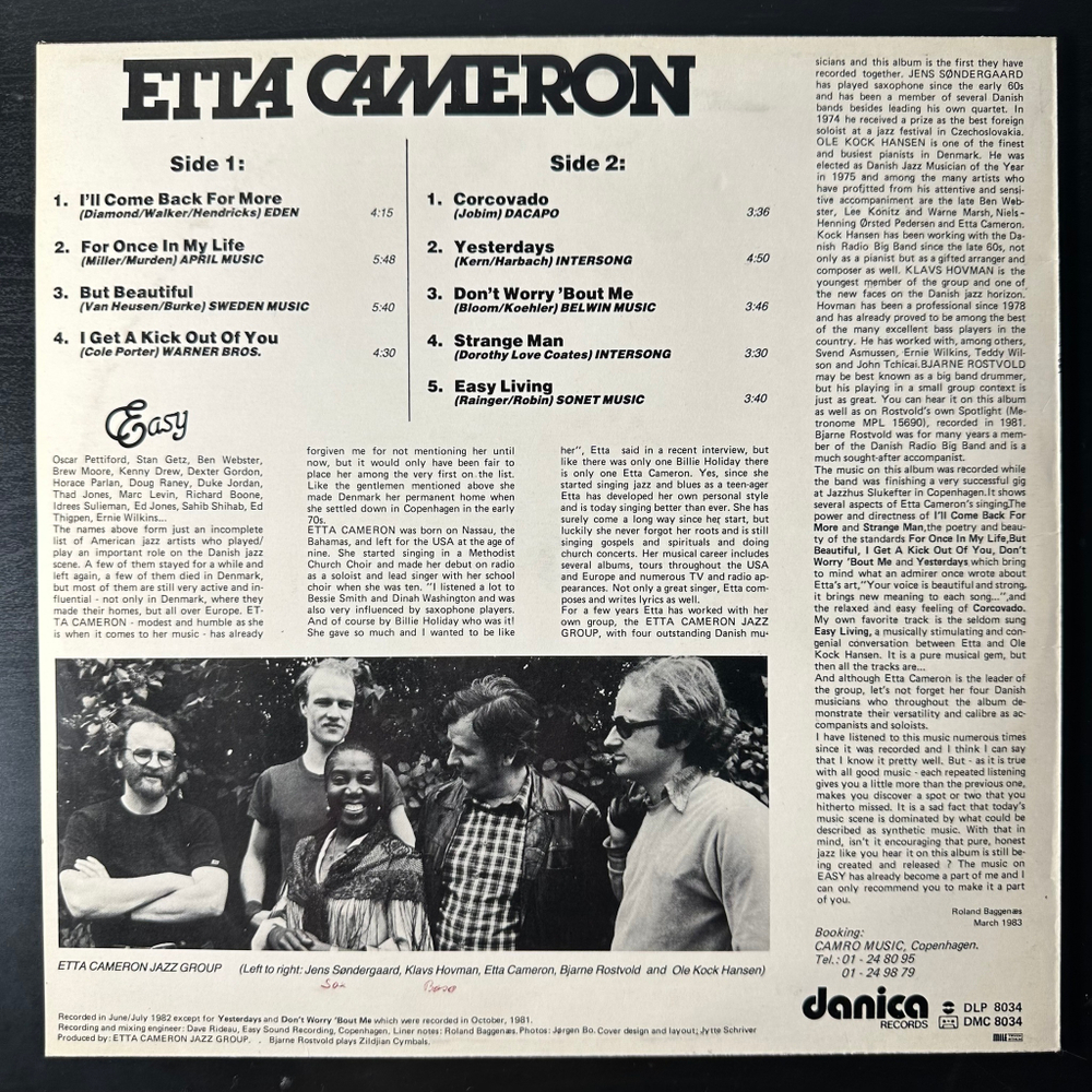 Etta Cameron With Etta Cameron Jazz Group ‎– Easy (Дания 1983г.)