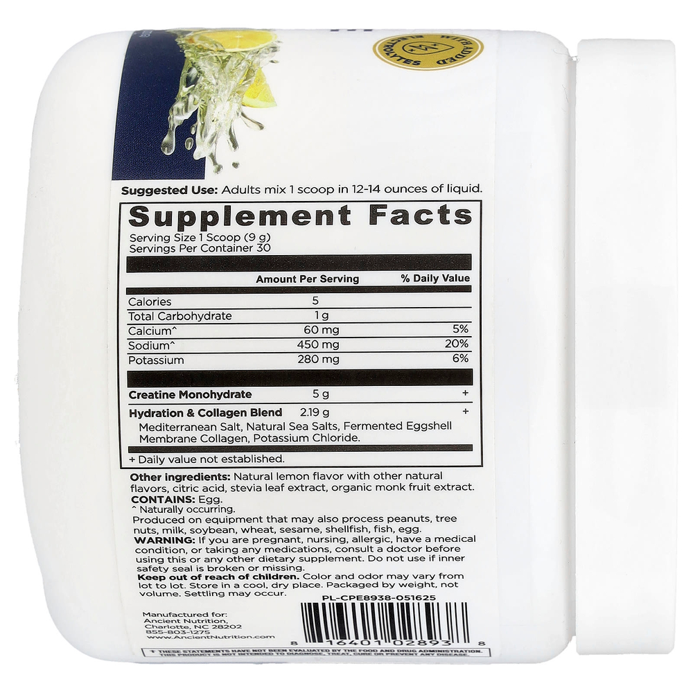 Ancient Nutrition, креатин с коллагеном, с лимонным вкусом, 272 г (9,6 унции)