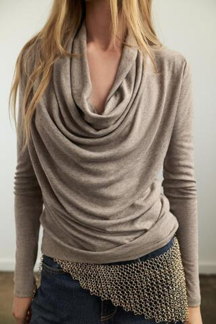 ZARA ФУТБОЛКА С ДРАПИРОВКОЙ, БЕЖЕВЫЙ МЕЛАНЖ